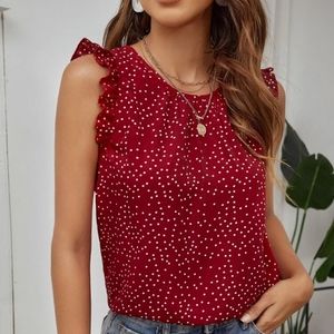 Shein red blouse with white polka dots and ruffle sleeve